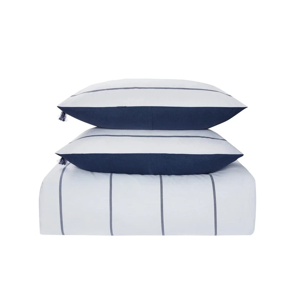C. Wonder Comforter Set Unisex Full Queen White Navy New Striped Tassel Bedding